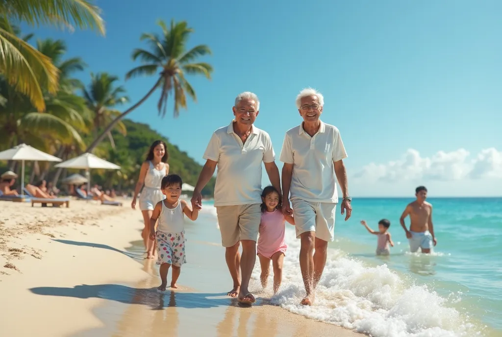 A realistic photograph of a Japanese elderly couple in their late 60s enjoying a family trip together at a warm and scenic resort destination, such as Okinawa. They are surrounded by their ren and grandchildren, all dressed in comfortable and casual vacati...