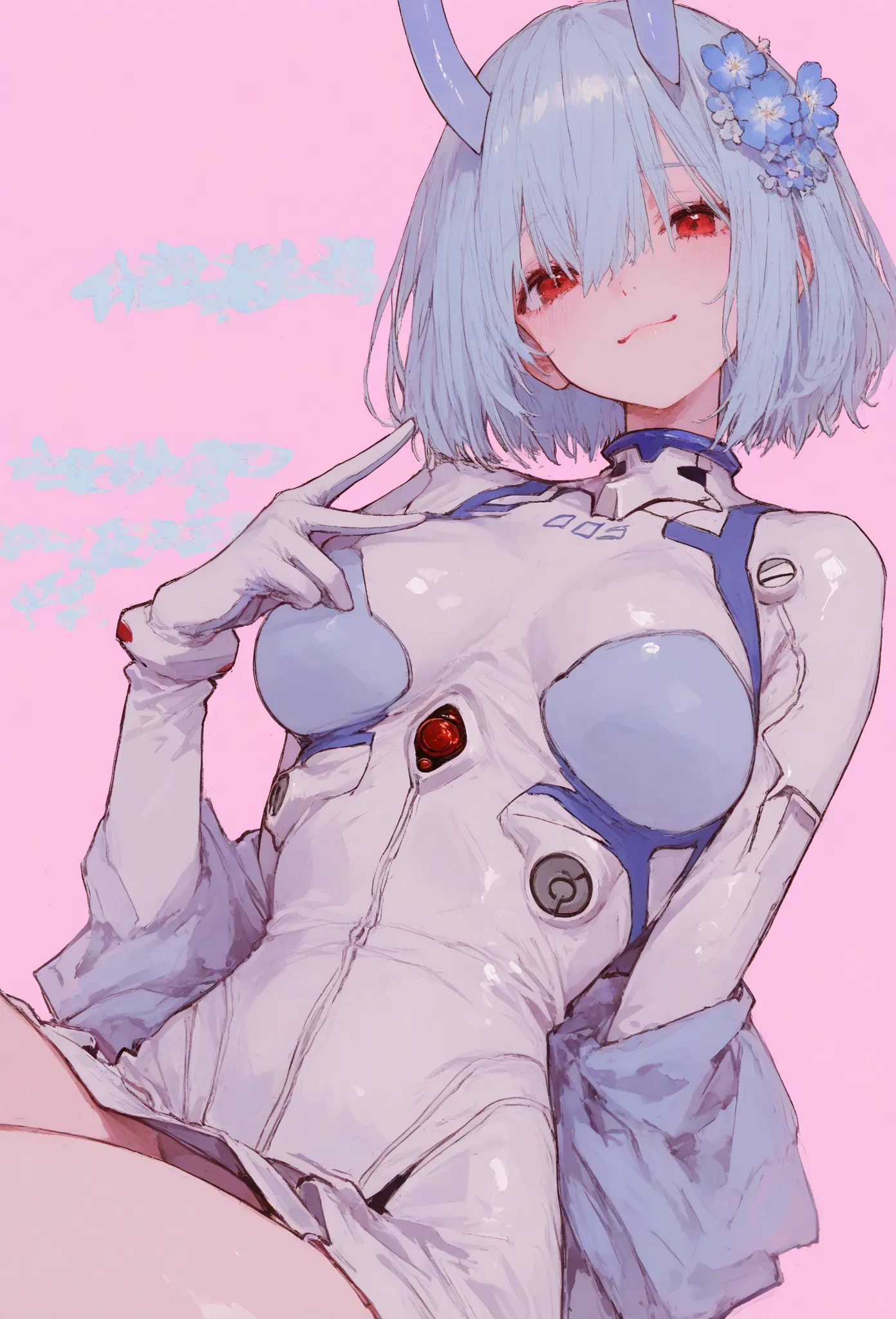 best quality, masterpiece,   748cm style , 1 girl, v Overeye,  Viewer, closed mouth, upper body, smile,,   raise your hand  ,  ,  amazing image quality、 Ultra High Quality、graphic anime style、Great colors、pink background

Neon Genesis Evangelion 、 Rei Ayan...