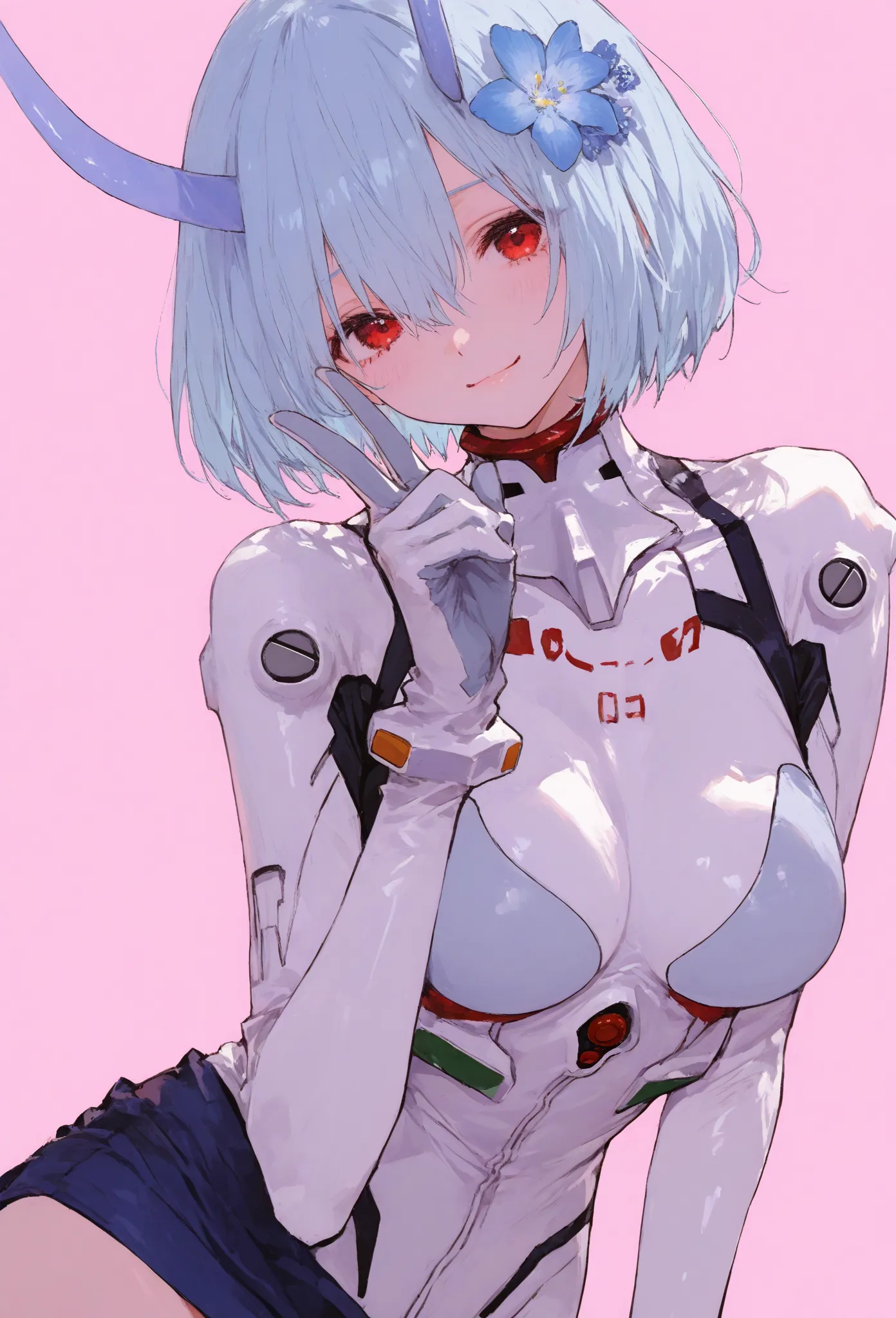 best quality, masterpiece,   748cm style , 1 girl, v Overeye,  Viewer, closed mouth, upper body, smile,,   raise your hand  ,  ,  amazing image quality、 Ultra High Quality、graphic anime style、Great colors、pink background

Neon Genesis Evangelion 、 Rei Ayan...