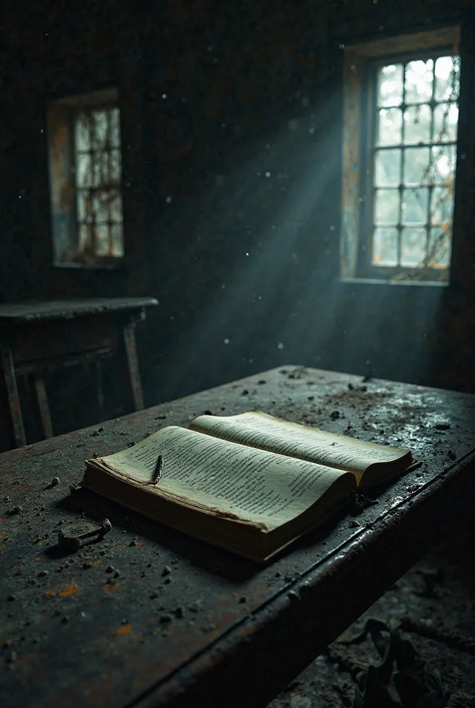 a dirty attic in a dark mansion with a table that has an open notebook