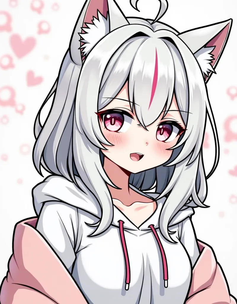 best quality photo, masterpiece, A  to change, upper body, hairs between the eyes, feminine, ojos rosados, medium hair, big boobs, glasses, :3, wink , cat ears, white hair, silver hair,  striped hair， sweatshirt