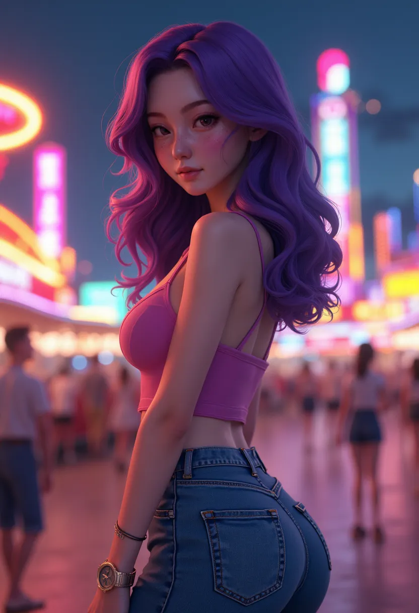 Female character, 18 years old, Korean, very fair skin, realistic face, small, realistically detailed light brown eyes, hot, medium breasts, wide thighs, big ass, short wavy hair with purple highlights. Light freckles on her face. Wearing skinny jeans and ...