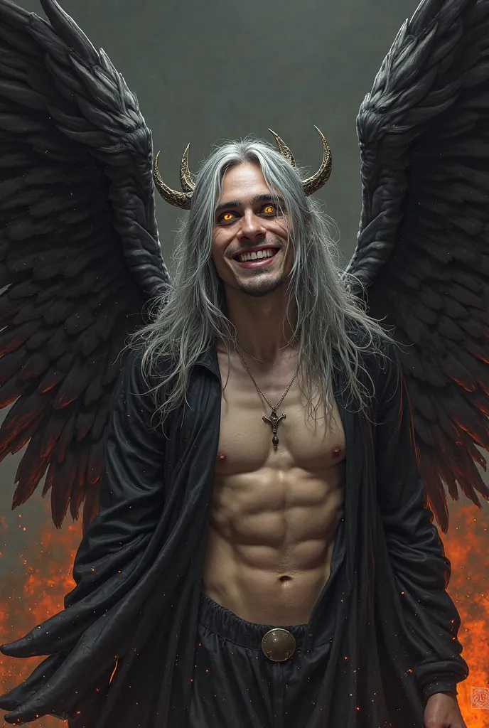 masterpiece, pajamas, incredible quality, very aesthetic, young 27 years old, hyper-detailed,  , upper body, serafim, Black wings, multiple wings , gray hair, very long hair, yellow eyes, crazy eyes, crazy smile, evil smile,  black eye shadow, looking at t...