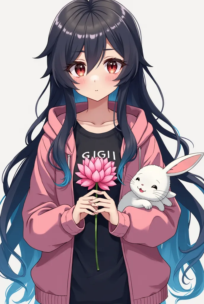 Anime photo of a girl with long hair wavy floor with two colors mixed black and blue, crimson brown eyes, black t-shirt with pink hooded sweater, On the t-shirt there is the text of "GIGII", With both hands he holds a lotus flower and the man carries a whi...