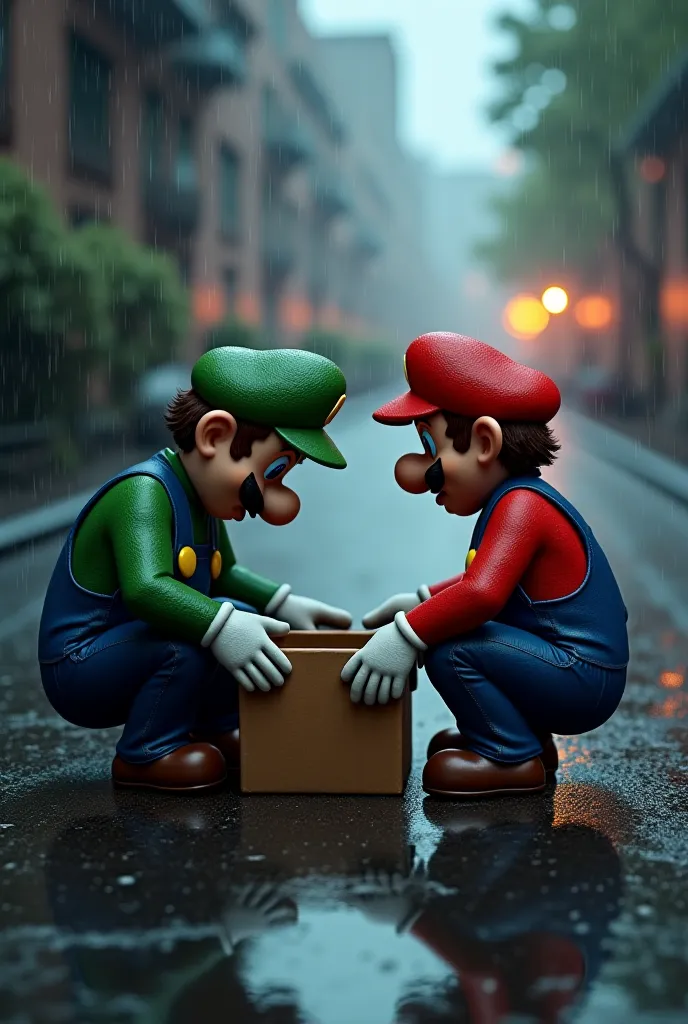 An image of Mario and Luigi abandoning each other asking for money in a box in the rain 