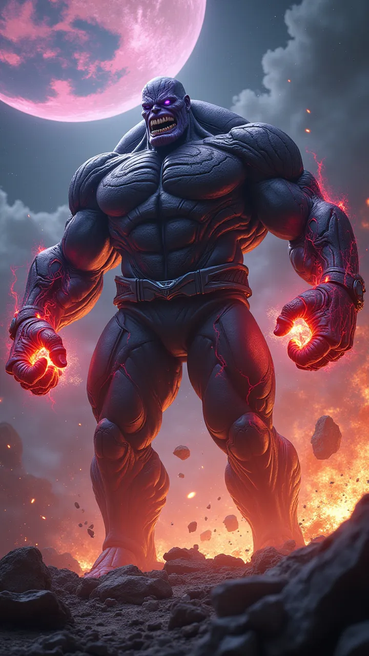 _In the remains of a shattered planet, an unstoppable colossus rises—a fusion of Hulk, Venom, and Thanos. His hulking form is covered in dark, twisted symbiotic armor, pulsing with crimson veins of cosmic energy. His massive hands glow with an eerie, godli...