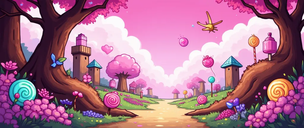 "A vibrant and colorful pixel art background for Azucarilla, inspired by a world of candies and candies. The stage depicts a pastel pink sky with clouds in the shape of cotton candy, represented with detailed pixels. environment A path of candy It twinkles...