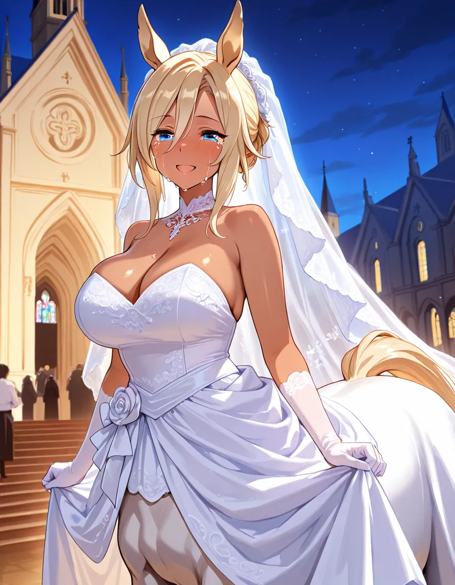 Solo, alone, Tanned skin centaur girl wear white wedding dress and The centaur's body is made of very luxurious fabric, night, happy face, crying, church, blonde, horse ears, horse tail, cleavage, blue eyes,