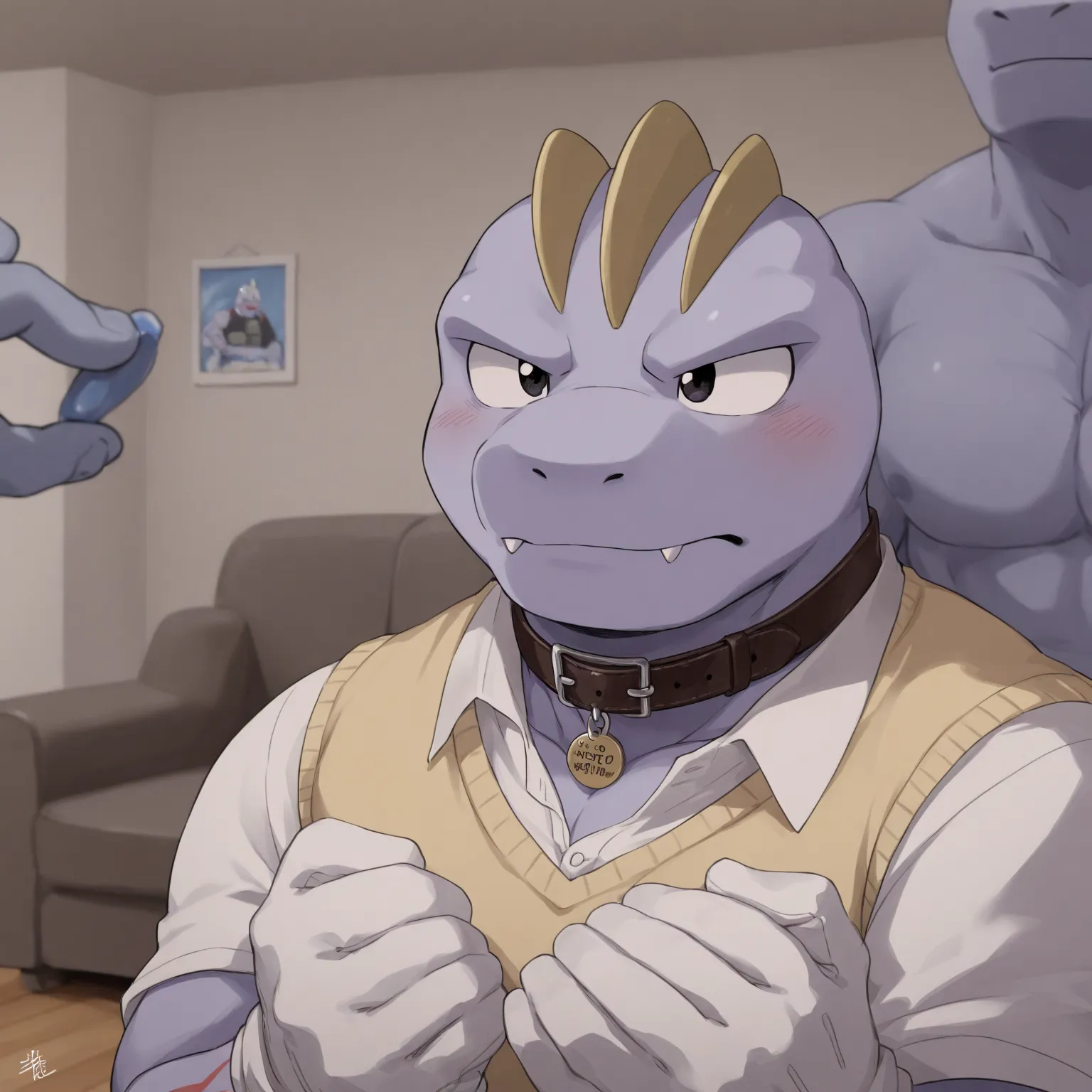 High Quality, Male, Machoke, Anthro(Machoke),Chubby,(Black eyebrows:1.1),(Perfect eyes),Smooth Skin，（artist:Takemoto Arashi），Living Room background，claw，（Sweater-vest:1.3）。Wearing a Leather collar around his neck. Wearing fancy white gloves on his hands, f...