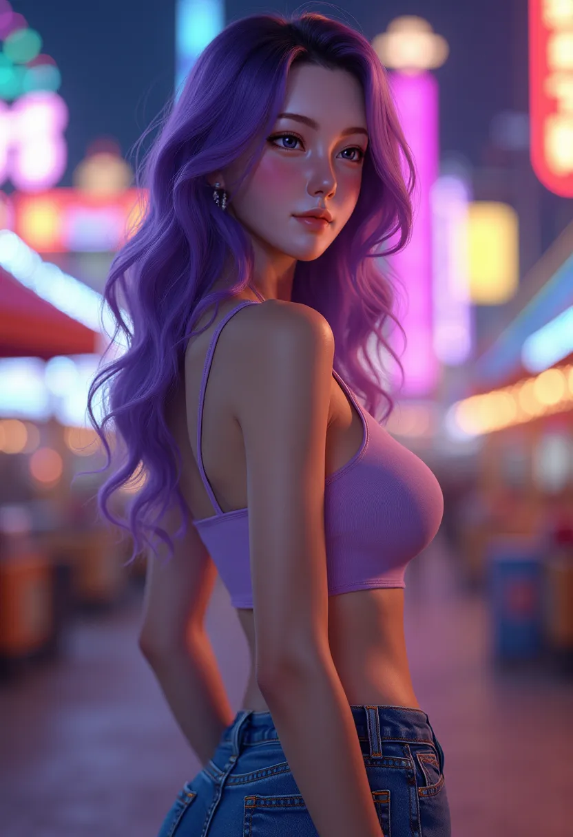 Female character, 18 years old, Korean, very fair skin, realistic face, small, realistically detailed light brown eyes, hot, medium breasts, wide thighs, big ass, short wavy hair with purple highlights. Light freckles on her face. Wearing skinny jeans and ...