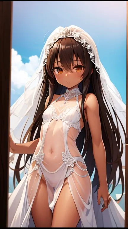 nsfw, Long-haired, brown-skinned, small  in transparent revealing wedding dress