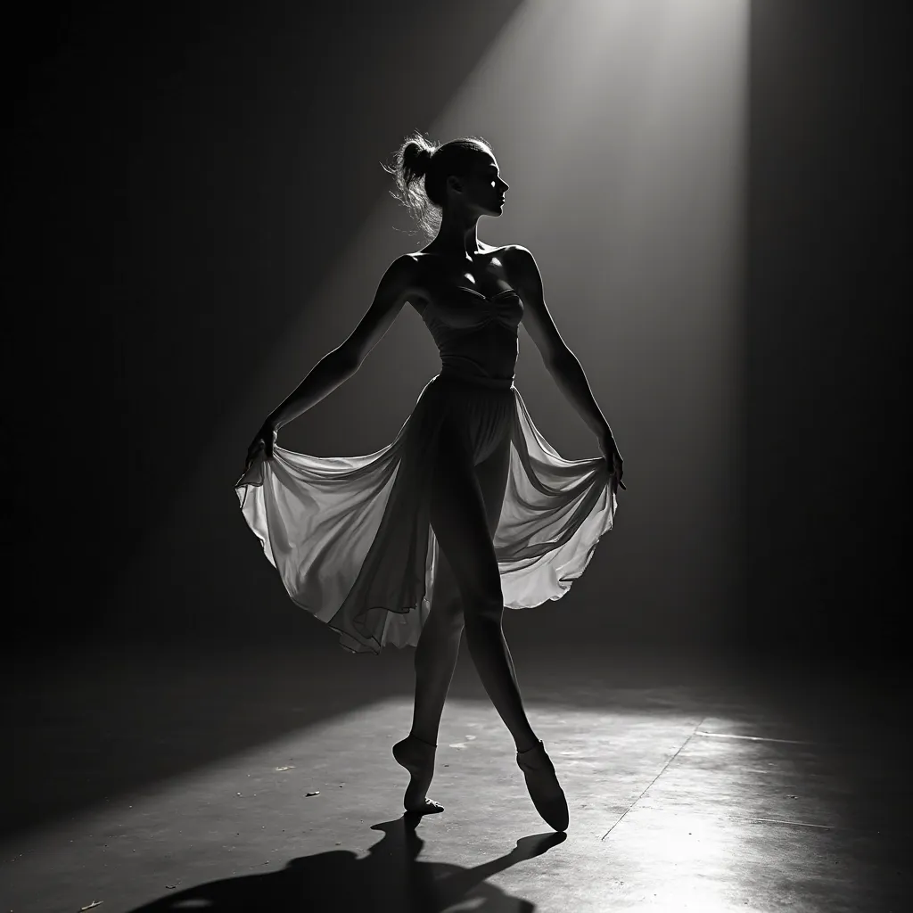 A female ballerina athlete shrouded in shadows and light, captured at the height of a hypnotic movement.  Her sculptural body , outlined by dramatic light, exudes power and seduction. The background is a minimalist space, where only the reflections on the ...