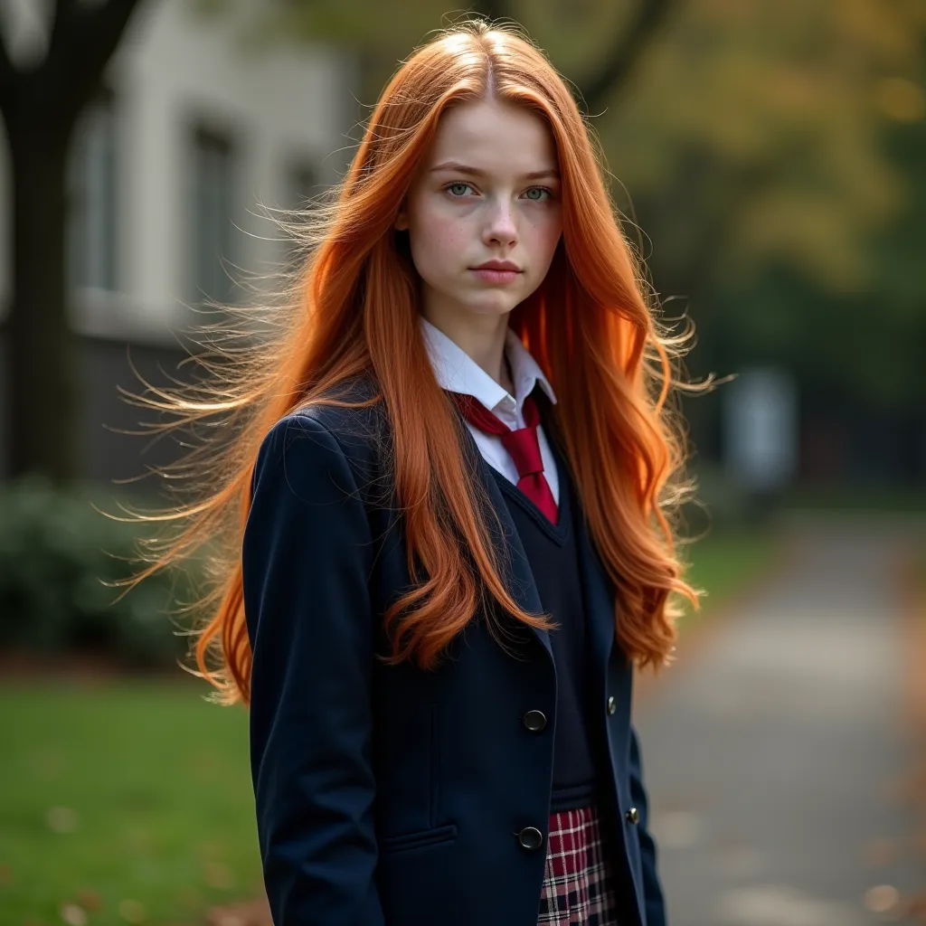 Realistic Ultra HD 8K photograph of an impressive Irish girl aged approximately 18.  It has an elegant and slender construction with long , straight red hair and captivating green eyes.  she is dressed in a school uniform ,  consisting of a navy blue jacke...