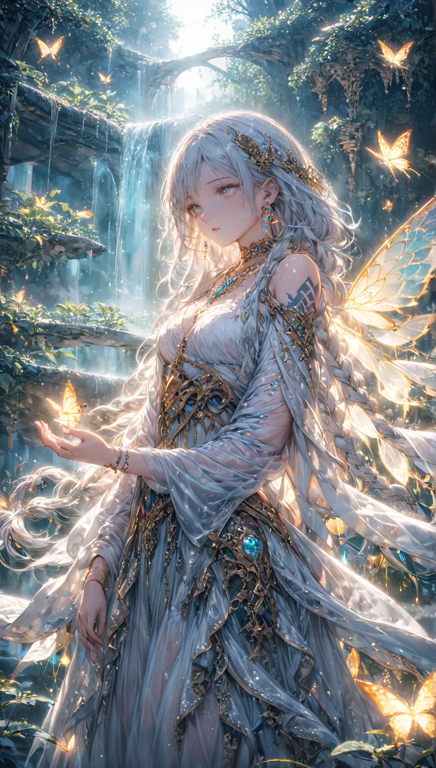 A mystical young woman with long, flowing silver-white hair, adorned with two delicate braids and glowing orange butterfly wings, stands in a misty waterfall. Her piercing pale white eyes with a faint glow give her an ethereal presence. She has soft, porce...