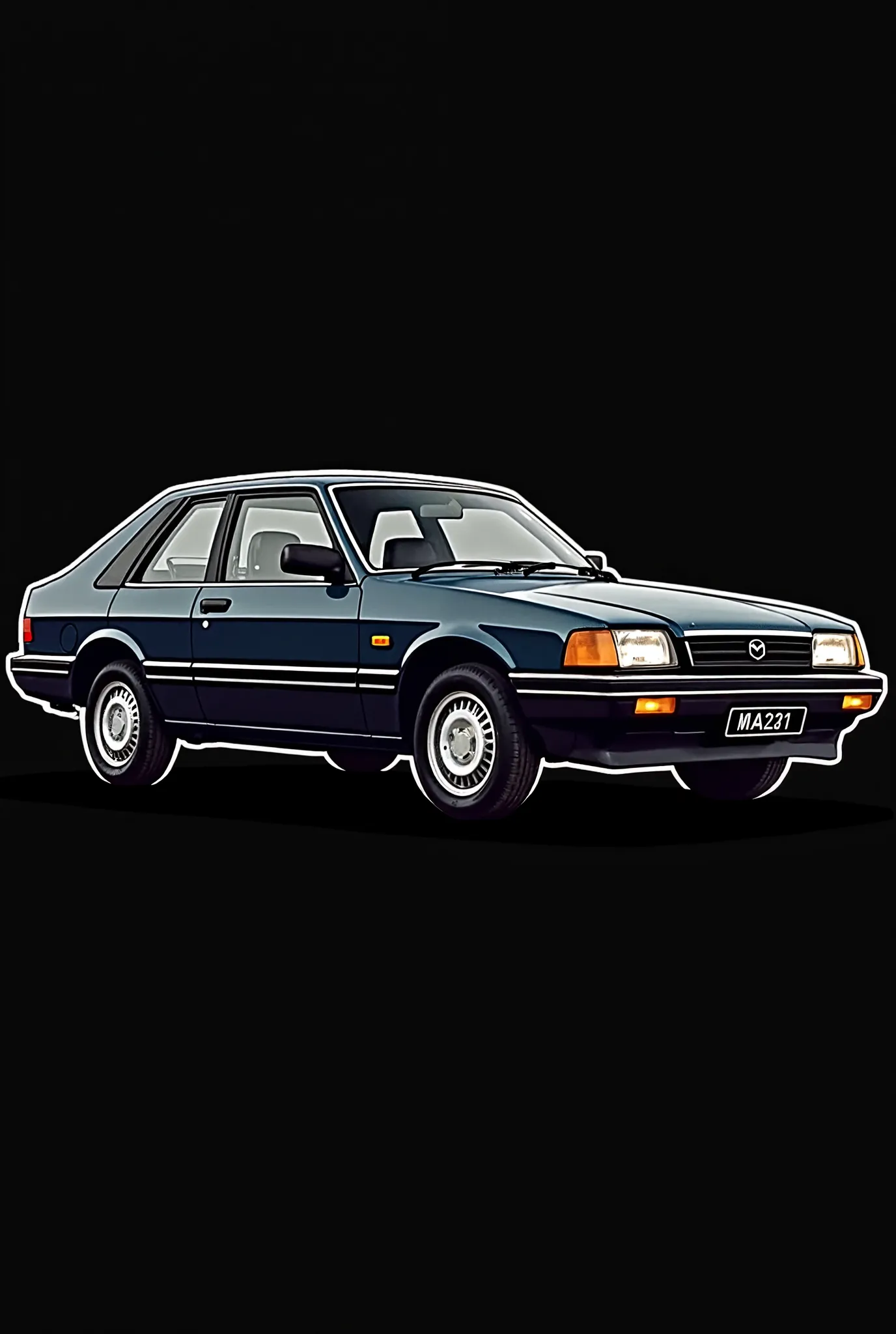 Generates a Mazda 323 just like the one in the image without the person, The background of the image that is black, Make the outline of the car white to highlight it and remember that it is a Mazda 323 car like the one in the photo don't forget to remove t...