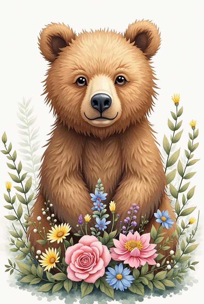 A breathtaking watercolor illustration of an imposing grizzly bear,  Seen from the front , showing off her elegantly stylized brown coat, adorned with some loose threads, delicate finish. small and vibrant bouquet of mixed wild flowers, including soft pink...