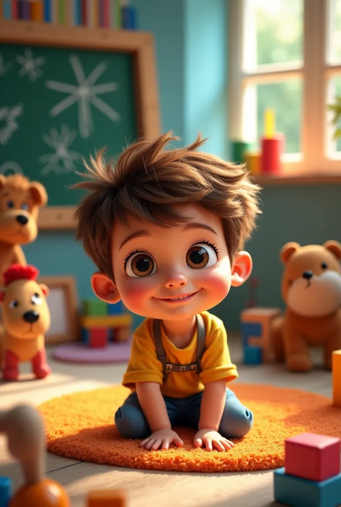 Boy with brown fluffy hair looking at viewer aged down in a playroom