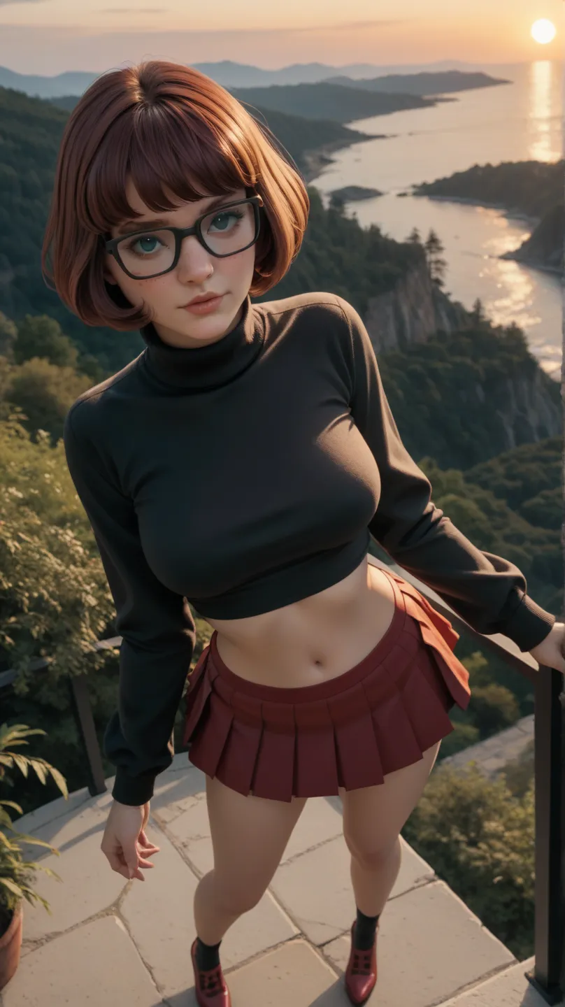 score_9_above, score_8_above, score_7_above, Velma sexy , natural landscape at sunset, medium long sleeve black blouse , Sexy mini skirt in pose, mini bikini style