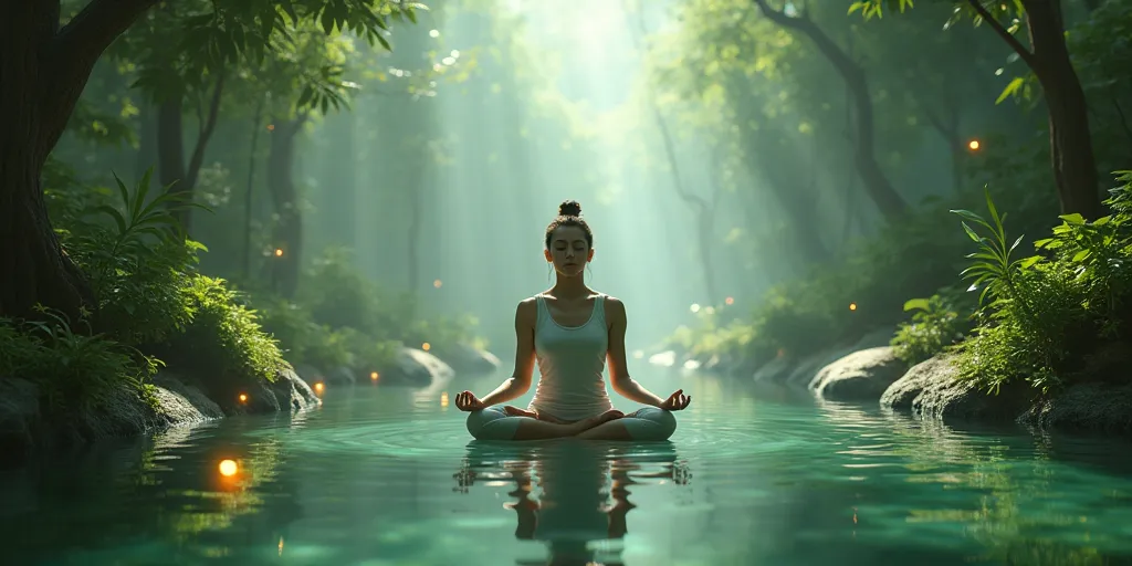 A person meditating in a floating nature sanctuary, powered by AI