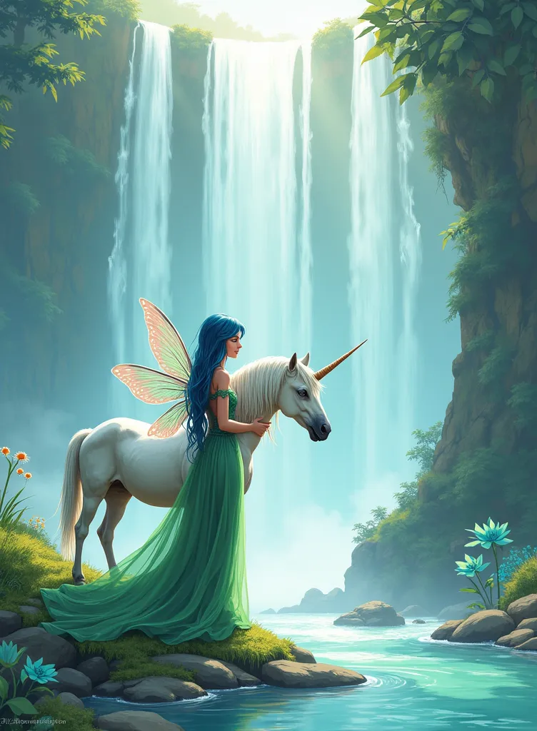 Merge this illustration of a fairy woman in a green dress with fairy wings and a unicorn with blue hair with a background that has several magical waterfalls with crystal clear water falling between moss-covered rocks. There is a soft mist at the base of t...