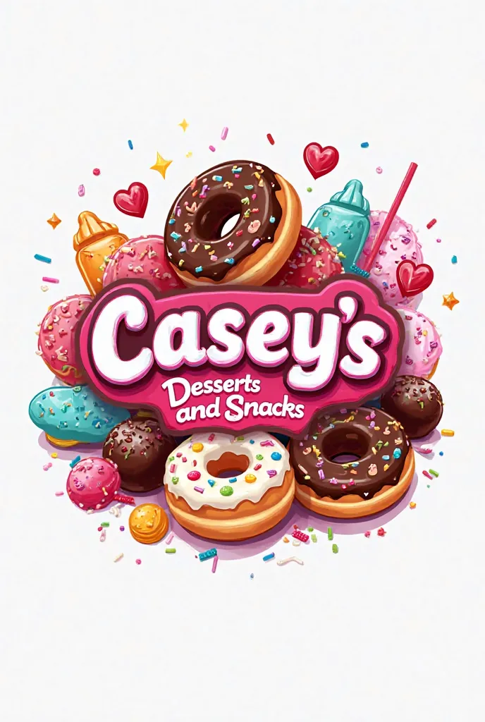 Create a logo for my pastry shop represented by candies and donuts with the letters casey's desserts and snacks and numbers+504 9365‑6233