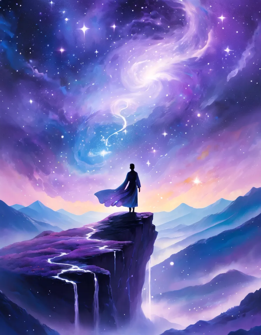 A figure stands on a cliff, enveloped in swirling streams of cosmic energy, amidst a dreamy, nebulous landscape. The silhouette of the person is wrapped in a flowing, ethereal gown that merges with the celestial currents. The sky is a tapestry of deep purp...