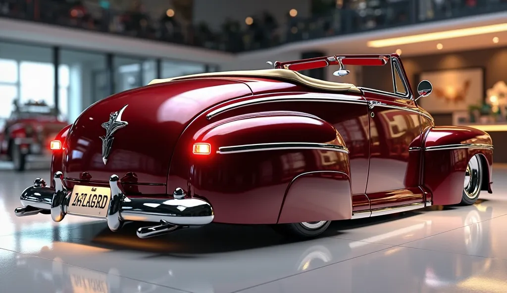 3D render of a heavily modified (1947 ford super deluxe)in  (convertible)in (rich maroon)colour, (back left side view) The car features, ultra-high-detail glossy and shiny modifications, including sleek add-ons. The (Ford) logo is prominently displayed on,...