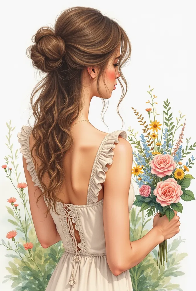 A breathtaking watercolor illustration of a woman, from the back, showing off her long brown hair, wavy and elegantly styled, tied in a sophisticated bun, adorned with some loose threads framing her slender neck. Her tight light beige blouse features a del...