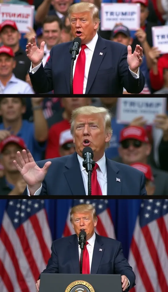 Visualize Donald Trump at a rally, speaking passionately with his supporters holding up signs and flags. Include close-up shots of people cheering, waving American flags, and wearing MAGA hats. Show footage of a press conference where Trump speaks to repor...