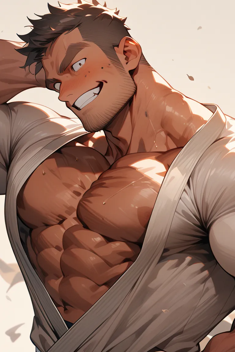 Anime Characters : male ,  tanned skin , maleらしさ,  male性重視,  Muscle Development  male,  Muscle Development , maleが一人 , dandy , Alone ,  black shorthair, messy hair , Thick eyebrows , Stubble,  brown eyes ,  simple background ,  amazing quality , masterpiec...