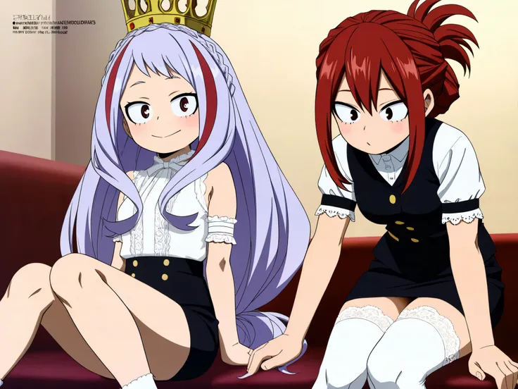 My Hero Academia　八Hundred万　Hundred,2girls 1loli,megami magazine,small breasts、big tareme,long crown braid light purple hair very long hair tsurim ,1woman,megami magazine, medium breasts、tsurime ,1girl low twintails red hair hair up folded ponytail、tsurimon...