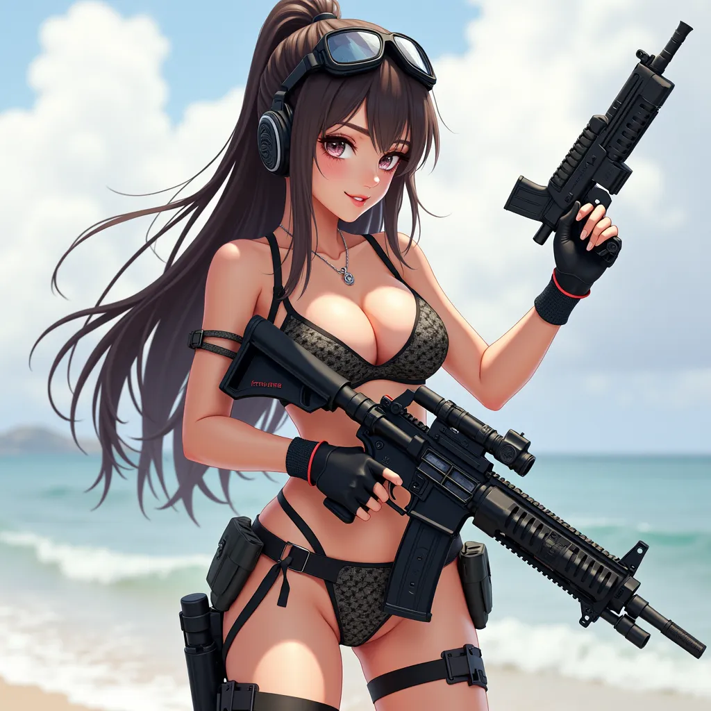 Anime girl in tactical bikini with machine guns, so many details 