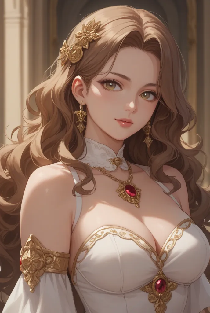 Girl Character，golden brown hair、dark emerald eyes、center division、super long wavy hair、white dress、Luxurious gold ornaments、 anime drawing 、Fair skin、the most beautiful woman in the world