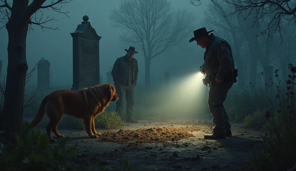 Sheriff Tom and Deputy Ray examining a freshly dug grave at night, with their flashlights illuminating the disturbed soil, Bella barking and scratching the ground, fog rolling through the cemetery, somber and suspenseful mood, realistic lighting and textur...