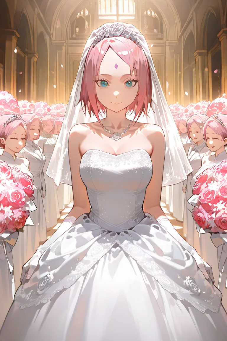  Sakura Haruno , ((alone)), alone, bride, Wear a white wedding dress, queen,  more than , (( forehead to show )), stand, Enter the church ,  Pink Hair,  short hair ,  sensitive ,  Young ,  short hair ,  Fine Face , high definition, ((whole body)), ( surrou...