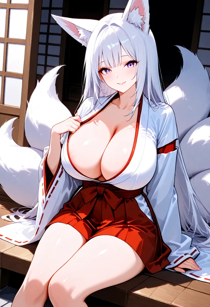 one girl,  high resolution , masterpiece,  ultra high definition,  smooth skin ,  long hair, white hair,  big boobs , fox ears, nine fox tails, cleavage, looking at viewer, mature, sexy, 붉은 눈, 날카로운 송곳니, 공허한 눈, 무표정, Japanese shrine, miko, bad smile 