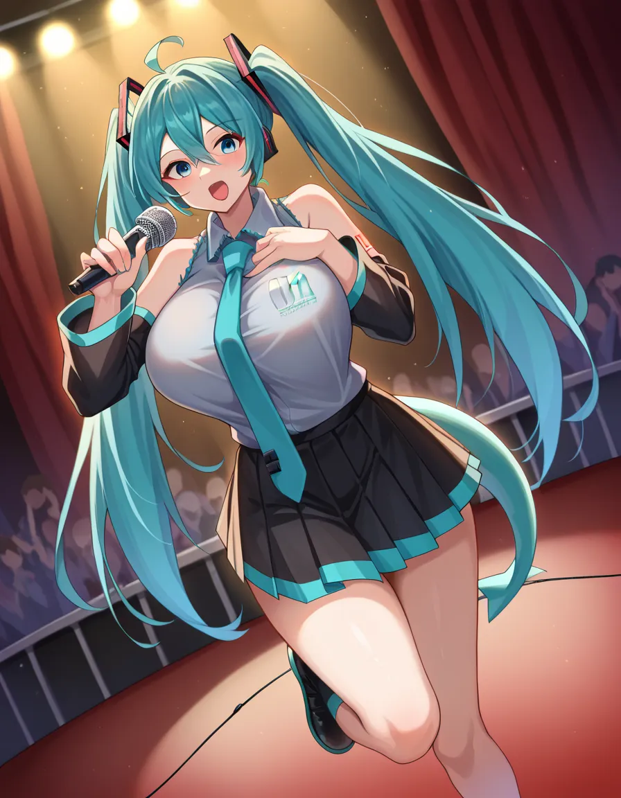 score_9, score_8_arriba, score_7_arriba,   source  _anime,
 mikuhatsune , Miku Hatsune, choke, aqua eyes, aqua hair, cross bangs, hair between the eyes, hair ornament, of 19, long hair, Coletitas, mature woman,
aqua tie,  tail-eating black shoes , black sk...