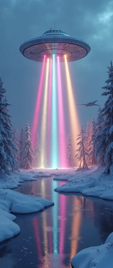 high res images、creative images of the Siberian tundra region、UAP over the forest、UFO firing seven color rays into the Siberian forest、under a dramatic blue sky((masterpiece))、 Calm ice and forest 、Scenery of MiG-25 flying vigilously in the distance 。