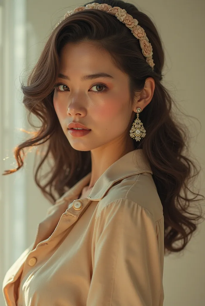 Girl dressed in the style of the 1960s and with a hairstyle of the same era brown hair and brown eyes retro style