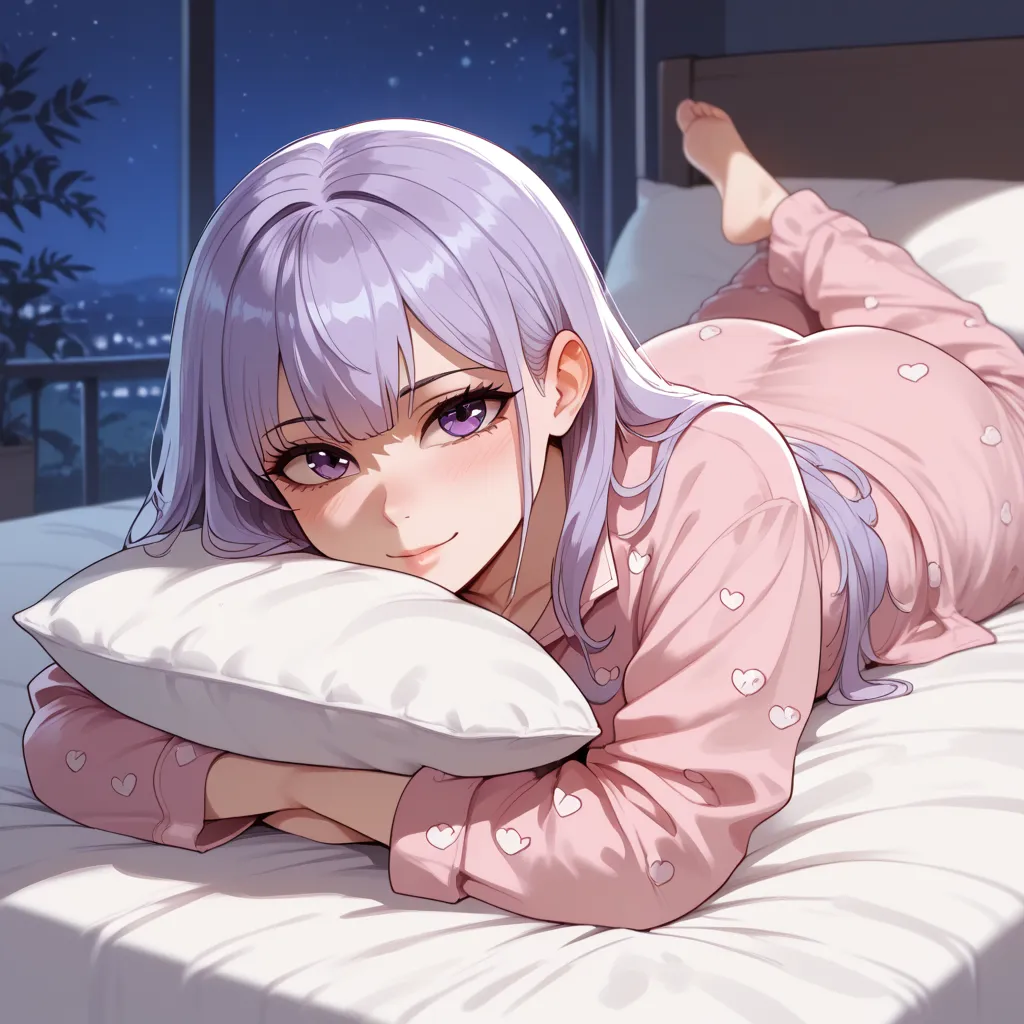 (Masterpiece), (High Detail), (High Res), 1girl, solo, under the covers, bed landscape view, Laying on stomach, mesugaki, loli, yandere, tanned female, baggy pajamas, Long Beach Wavy Hairstyle, head on pillow, at night, looking at viewer, night time, only ...