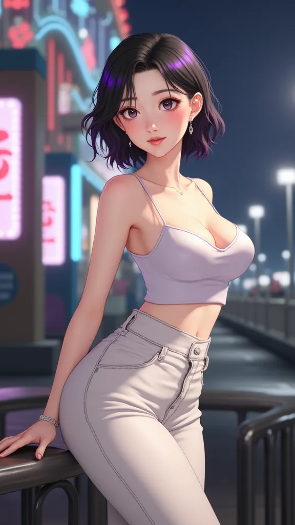 Female character, 18 years old, Korean, very fair skin, realistic face, small and realistically shaped light brown eyes, short black wavy hair with purple highlights, detailed, body with generous curves, hot, big breasts, wide thighs, big butt, short wavy ...