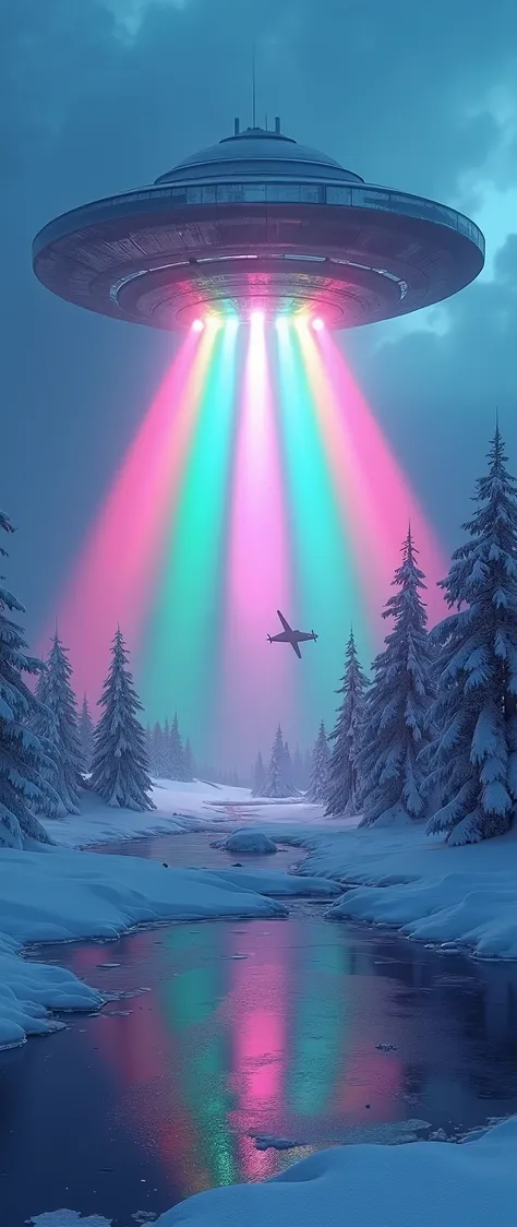 high res images、creative images of the Siberian tundra region、UAP over the forest、UFO firing seven color rays into the Siberian forest、under a dramatic blue sky((masterpiece))、 Calm ice and forest 、Scenery of MiG-25 flying vigilously in the distance 。
