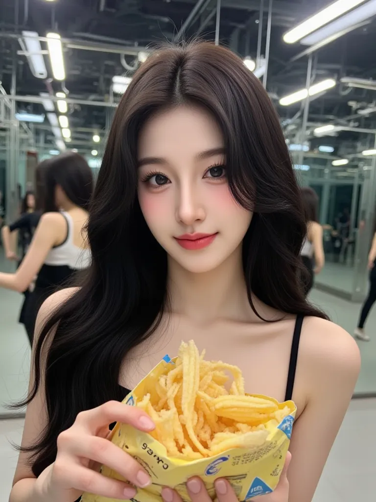 A kpop girl, korean, black hair, long black hair, pretty hair, pretty smile, douyin makeup, gorgeous, stunning, lovely, in companies dance practice room, instagram post, casual, trendy, eating chips, casual, selfie , bag of chips 