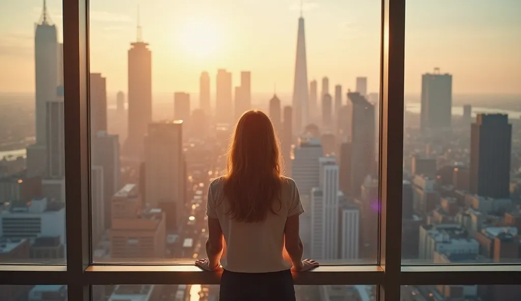 "Create an image of the woman standing confidently in front of a large glass window overlooking a bustling cityscape. The setting should be at the new headquarters, showing her growth and the impact of her work. She looks out with a hopeful expression, env...