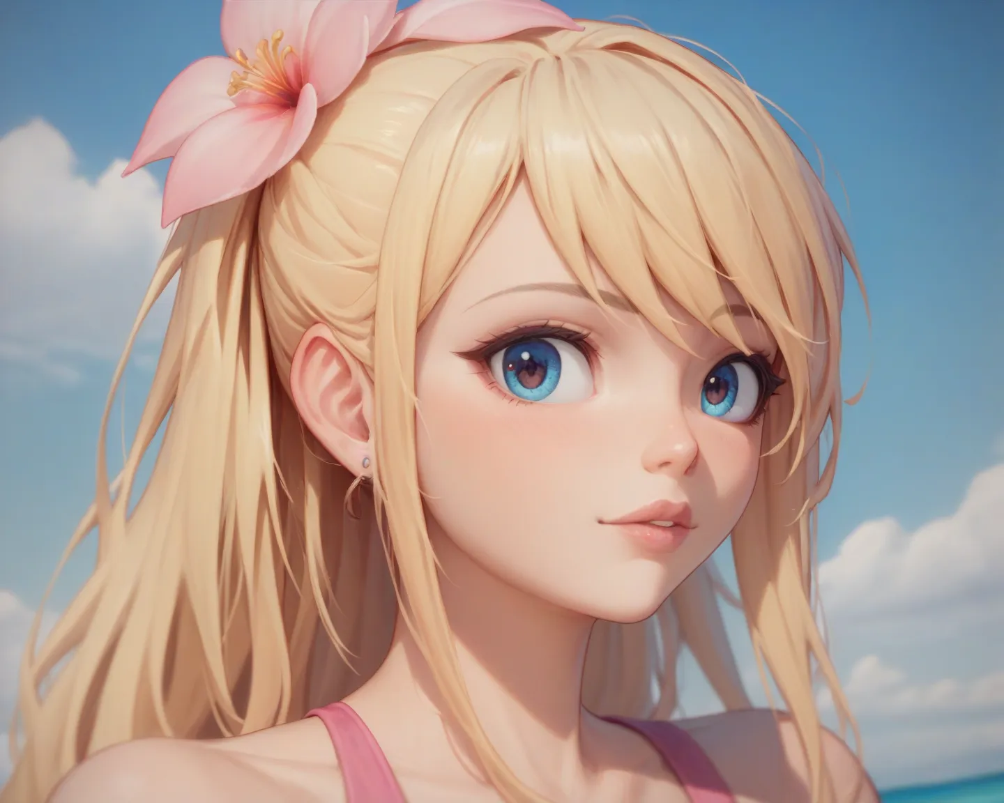 #fairytale、#anime、#woman、#Lucy Heartfilia、 super cute、long blonde、guild emblem on the back of my right hand、 popup(bigger than face)、pink swimsuit、Erectile Head