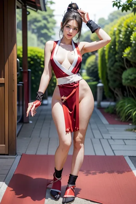 mai shiranui, (Full body:1.6), (black satin tabi:1.3), (wearing fitted black tabi:1.5), (Photo realistic:1.2), (masterpiece:1.2), (Best Quality), (ultra-detailed), (8K, 4K, Convoluted), (Flat Lighting:1.2), (skinny), Prestige, Brown eyes, Long brown hair, ...