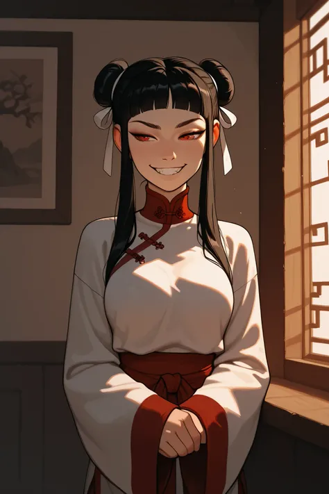 1girl, Mai, sidelocks, long hair, black hair, lunt bangs, hair bun, double bun, chinese clothes, turtleneck, long sleeves, wide sleeves, breasts, incoth, (incase:0.6), wicked grin, indoors, medium shot