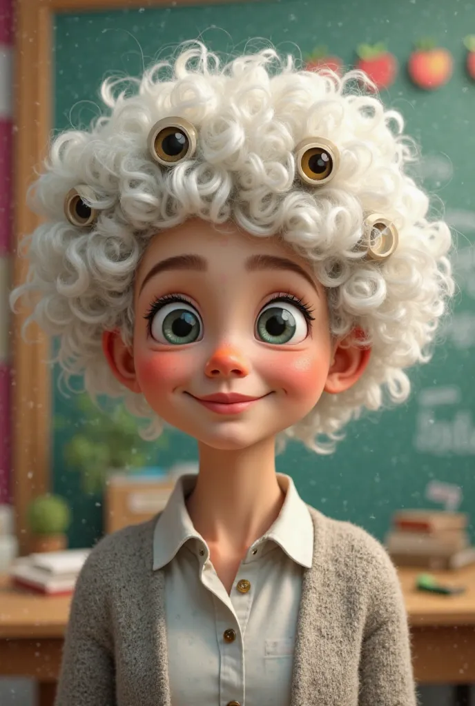 A teacher with white curlers with animated lenses for elementary school ren 