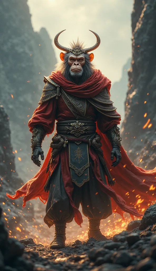 Wukong with its sacred cowl,  impressive, In the dark mountains, Glowing, Ultra-realistic, well detailed, en 4k