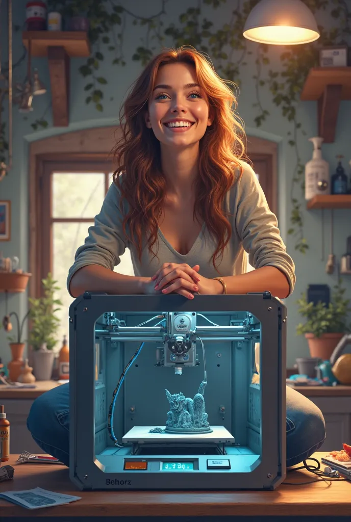 Create a picture of a happy woman with brown hair and blue eyes sitting on her 3D printer. Digital art style